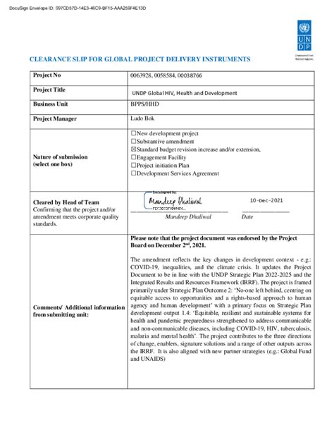 Fillable Online Info Undp Clearance Slip For Cost Sharing Agreements