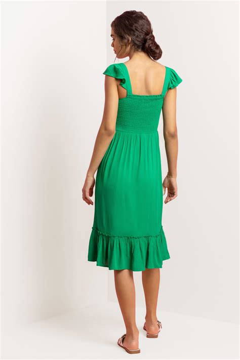 Shirred Bodice Frill Detail Midi Dress In Green Roman Originals Uk