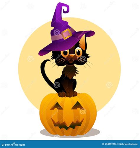 Cute Black Cat In Witch Hat Sitting On Halloween Pumpkin Stock Illustration Illustration Of