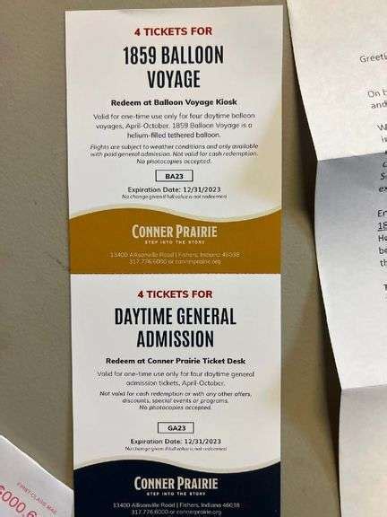 Conner Prairie 4 Daytime Admission Tickets And 4 Balloon Voyage