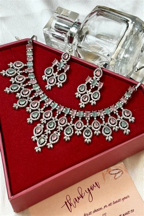 Grandeur Glitter Fall Mint Rose Necklace Set Nikhar Jewellery