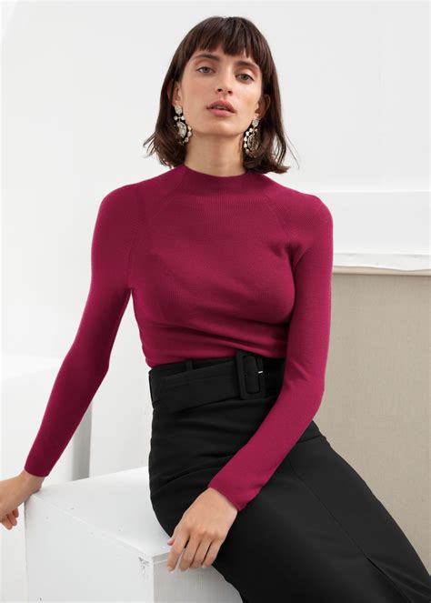 Fitted Mock Neck Wool Sweater Dark Pink Sweaters And Other Stories