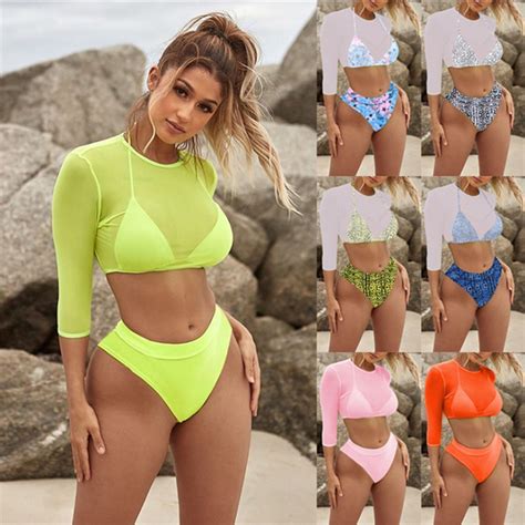 New Women Beach Suit Three Piece Mesh Long Sleeve Lace Up Bikini Bathing Suit Pure Yellow