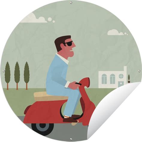 Tuincirkel Illustratie Van Een Man Op Een Rode Vespa X Cm Ronde