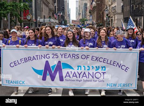 New York New York May 22 Participants Holding Israeli Flags And Signs March Up Fifth Avenue