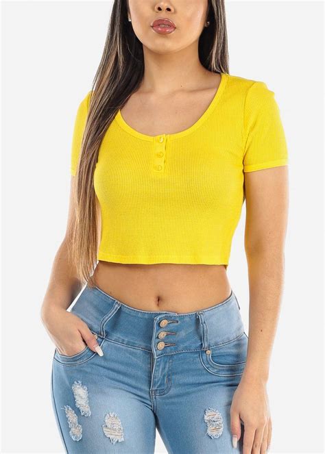 Button Front Yellow Crop Top Crop Tops Yellow Crop Top Tight Crop Top