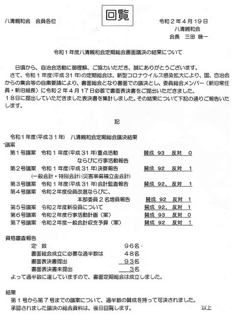 令和1年度平成31年定期総会書面議決結果報告 八清親和会