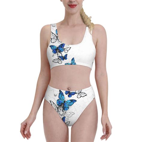 Adobk Blue Flying Butterflies Print Women High Waisted Bikini Set