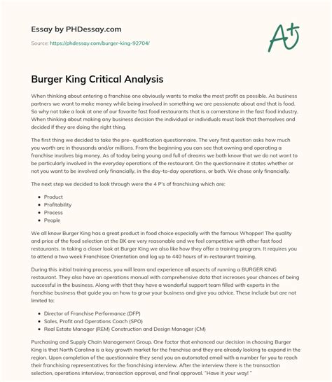 Burger King Critical Analysis 500 Words