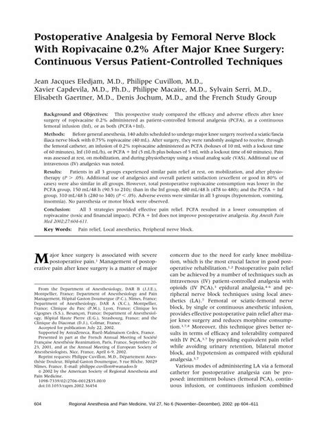 Pdf Postoperative Analgesia By Femoral Nerve Block With Ropivacaine 0