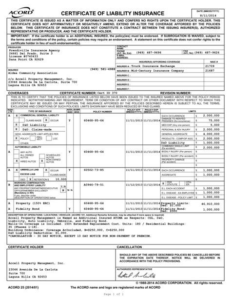 Certificate Of Liability Insurance