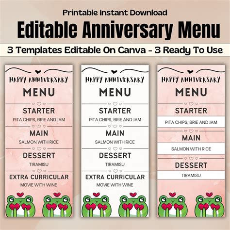 Editable Anniversary Menu Template Valentines Day Dinner Menu Card