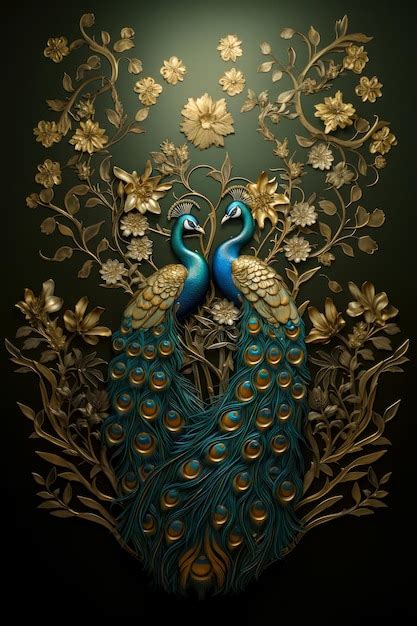 Premium Photo An Art Nouveau Style Carving Two Golden Peacock Golden