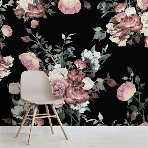 Vintage Pink And Cream Dark Floral Square Wall Mural Large Flower Wallpaper Black Floral