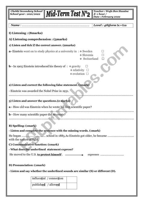 Mid Term Test N Th Form Esl Worksheet By Wafouta