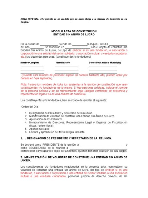 Acta Constitucion Entidad Sin Animo Lucro Pdf Fundación Sin Fines