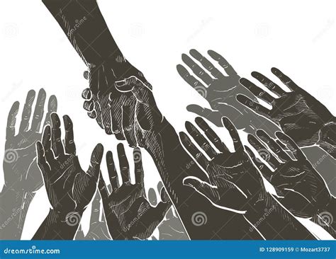 Helping Hand Concept Hands Taking Each Other Vector Line Illustration