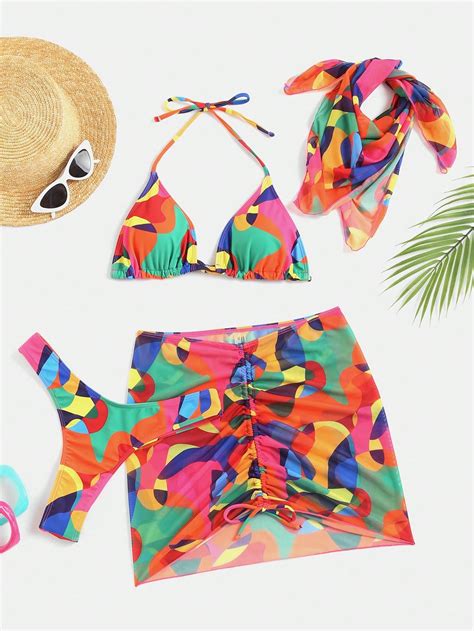 Shein Vcay Imprim Bikini Triangulaire Ras Du Cou Avec Jupe De Plage Bandana Mode En Ligne