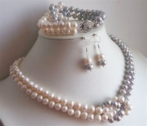 Pearl Set Double Rows 7 8mm White Gray Pearl Necklace Etsy