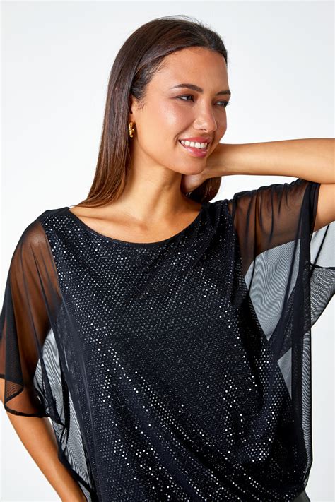 Black Sparkle Mesh Stretch Overlay Top Roman Uk