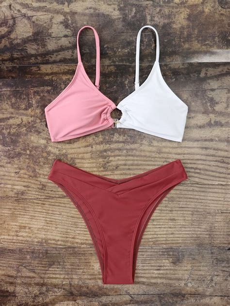 Shein Swim Vcay Color Block Bikini Set Ring Linked Cami Bra And High Cut