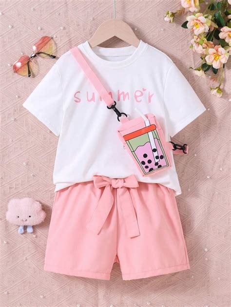 Shein Tween Girl Letter Graphic Tee And Shorts And Bag Set Shein Usa