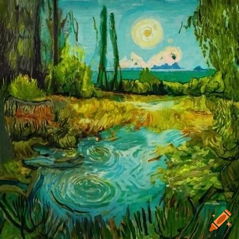 Sunny Forest Scene In Van Gogh Style With Crayon