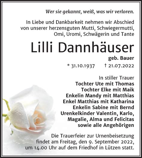 Traueranzeigen Von Lilli Dannh User Abschied Nehmen De