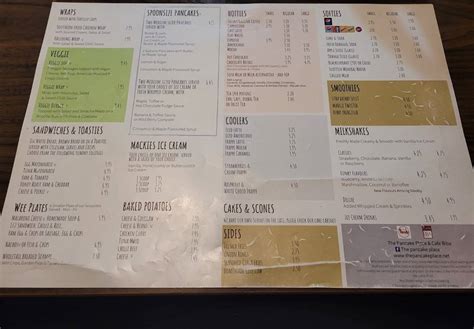 Menu at The Pancake Place cafe, Dundee