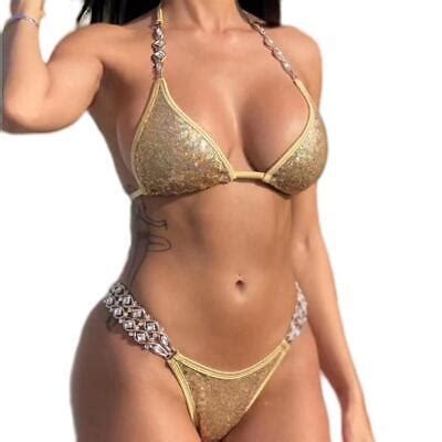 Rhinestone Swimsuit Bikini Crystal Diamond Set Metal Chain Women Swimwear Suit Ebay