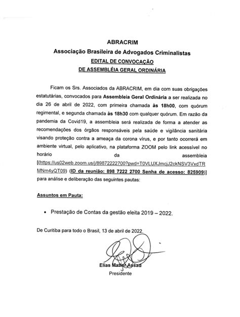 Assembléia Geral Ordinária De Prestação De Contas Abracrim