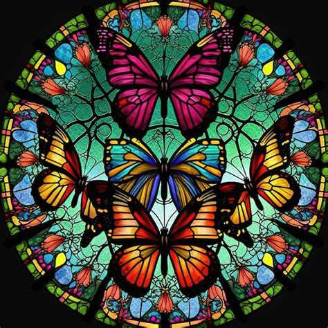 Premium Photo Stained Glass Window With Butterflies Generative Ai