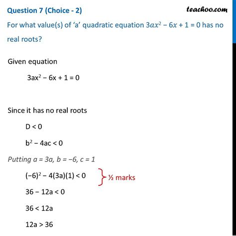 For What Value S Of ‘a Quadratic Equation 3ax 2 − 6x 1 0 Has No