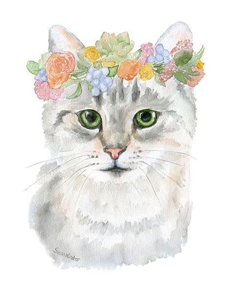 Tabby Cat With Flowers Watercolor Floral Watercolor Paintings Grey