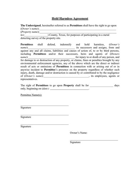 Hold Harmless Agreement In Word And Pdf Formats