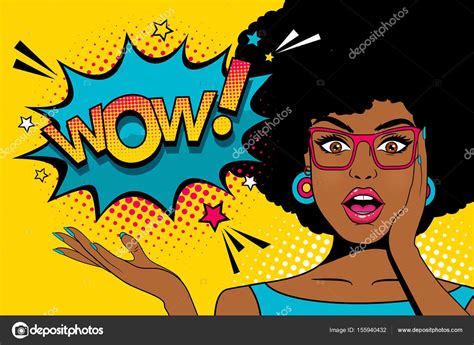 Wow Pop Art Face Sexy Surprised Young African Woman With Open Mouth