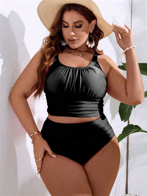 Shein Swim Curve Talla Grande Ba Ador Bikini Fruncido De Talle Alto