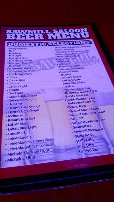 Menu at Sawmill Saloon & Restaurant, Virginia