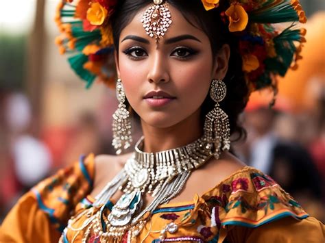 Retrato De Una Hermosa Mujer Colombiana En Traje Nacional Ropa Tradicional De Colores