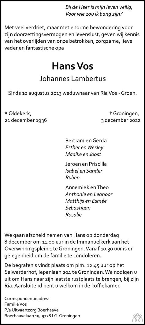 Johannes Lambertus Hans Vos 03 12 2022 Overlijdensbericht En