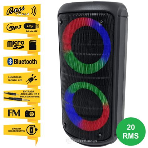 Caixa De Som Torre Bluetooth Amplificada Leds Usb Sd P Radio Fm Grasep