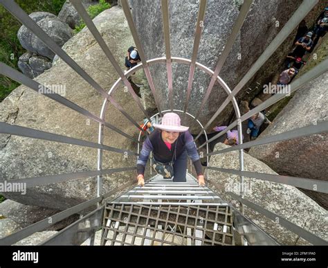 Female Caucasian Tourist Climbing Caged Ladder On Granite Skywalk At