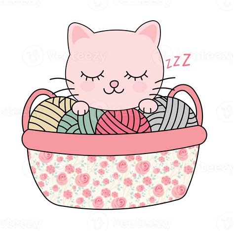 Cute Cat Sleeping In Basket With Yarn Balls Png