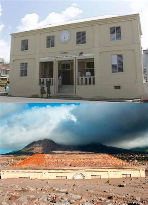 Plymouth Courthouse, Montserrat, before and after 1997 volcano ...