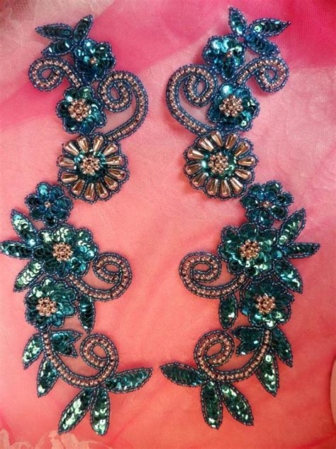 Sequin Appliques Turquoise Silver Beaded Accents Mirror Pair Flower Floral