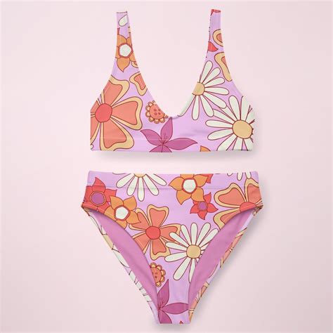 Retro Floral Bikini Set S Groovy Swimsuit Hand Drawn Etsy