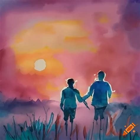 Watercolor Sketch Of Two Men Walking Hand In Hand In A Field At Sunset