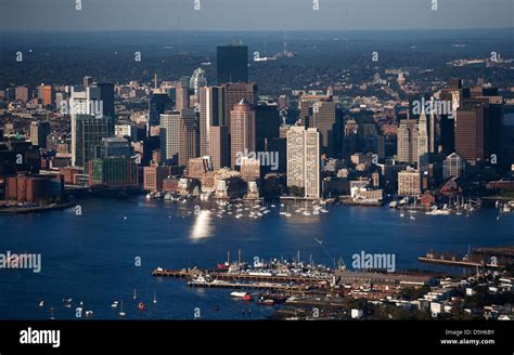 Aerial Morning View Of Boston Skyline And Financial District And Wharf