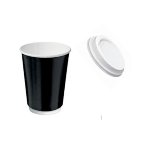 12oz Black Double Wall Paper Cups X 500 White Lids X 500