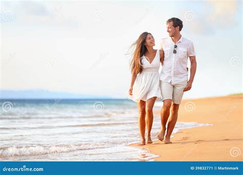 Beach Couple Walking On Romantic Travel Stock Image Image Of